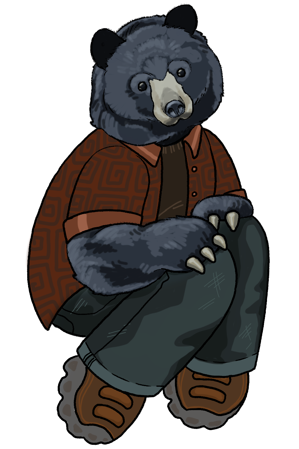 drawing of an anthropomorphic black bear wearing a patterned button up shirt, blue jeans, and red sneakers. It is sitting with its paws on its knees