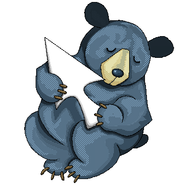 drawing of a cartoon blue bear holding a large computer cursor