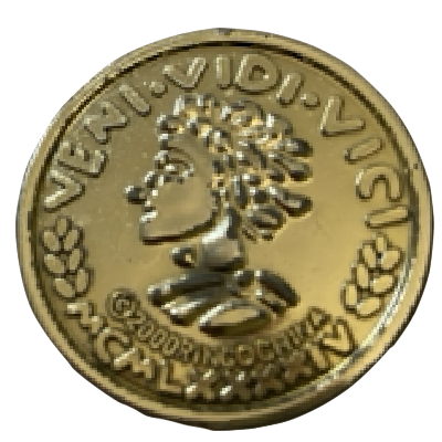 Photo of a golden, plastic coin with a person's side profile and the text 'veni vidi vici' on it