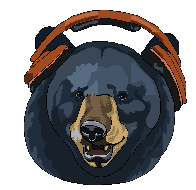 pixel art of a black bear wearing headphones