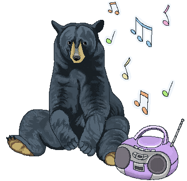 pixel art of a dark blue bear sitting next to a purple CD player with music notes coming out of it
