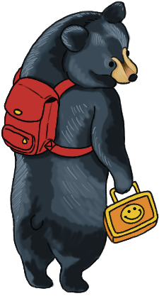 drawing of a black bear standing on its back legs, wearing a red backpack and holding a yellow plastic lunchbox
